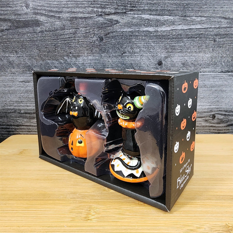 Load image into Gallery viewer, Halloween Salt Pepper Set Pumpkin Jack-o-Lantern Black Cat Bat Ceramic Blue Sky