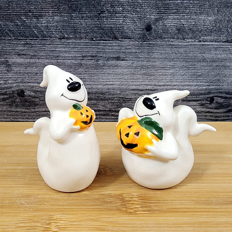 Load image into Gallery viewer, Halloween Ghost Salt Pepper Set Ceramic Pumpkin Fall Blue Sky Heather Goldminc