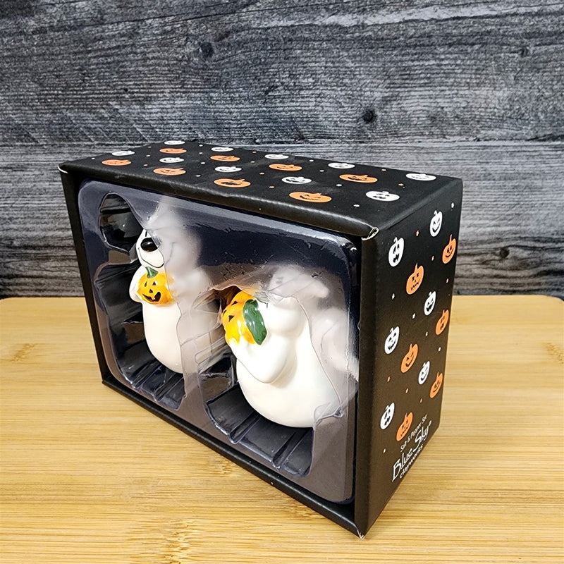 Load image into Gallery viewer, Halloween Ghost Salt Pepper Set Ceramic Pumpkin Fall Blue Sky Heather Goldminc