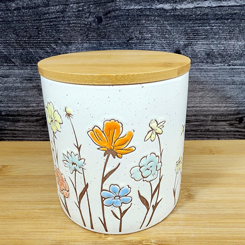 Load image into Gallery viewer, Summer Flower Canister & Lid Embossed 5" Ceramic White Jar Floral Pot Blue Sky