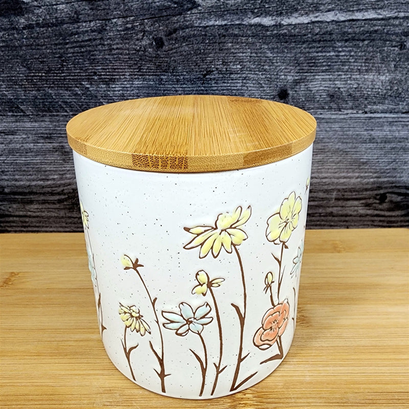 Load image into Gallery viewer, Summer Flower Canister & Lid Embossed 5" Ceramic White Jar Floral Pot Blue Sky