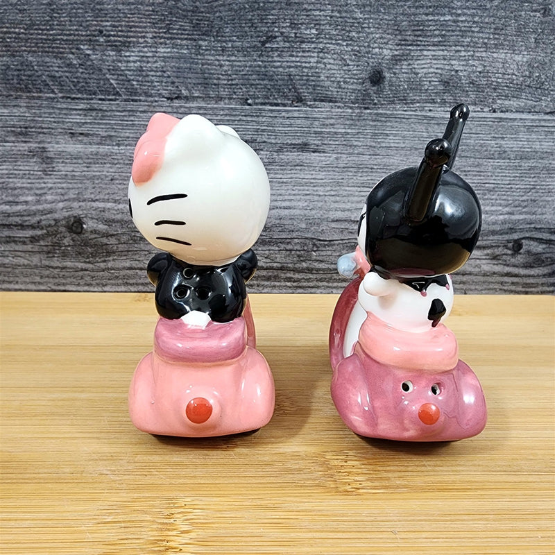 Load image into Gallery viewer, Hello Kitty And Kuromi Scooter Salt Pepper Set Collectible Ceramic by Blue Sky
