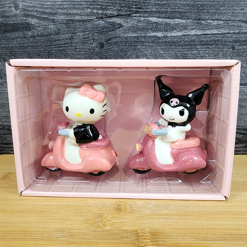 Load image into Gallery viewer, Hello Kitty And Kuromi Scooter Salt Pepper Set Collectible Ceramic by Blue Sky