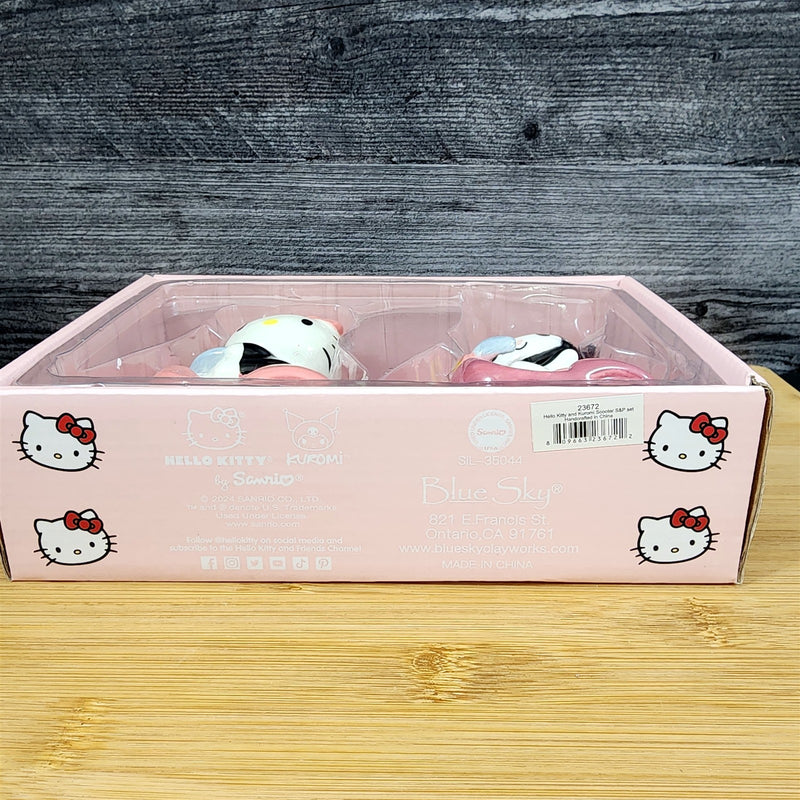 Load image into Gallery viewer, Hello Kitty And Kuromi Scooter Salt Pepper Set Collectible Ceramic by Blue Sky