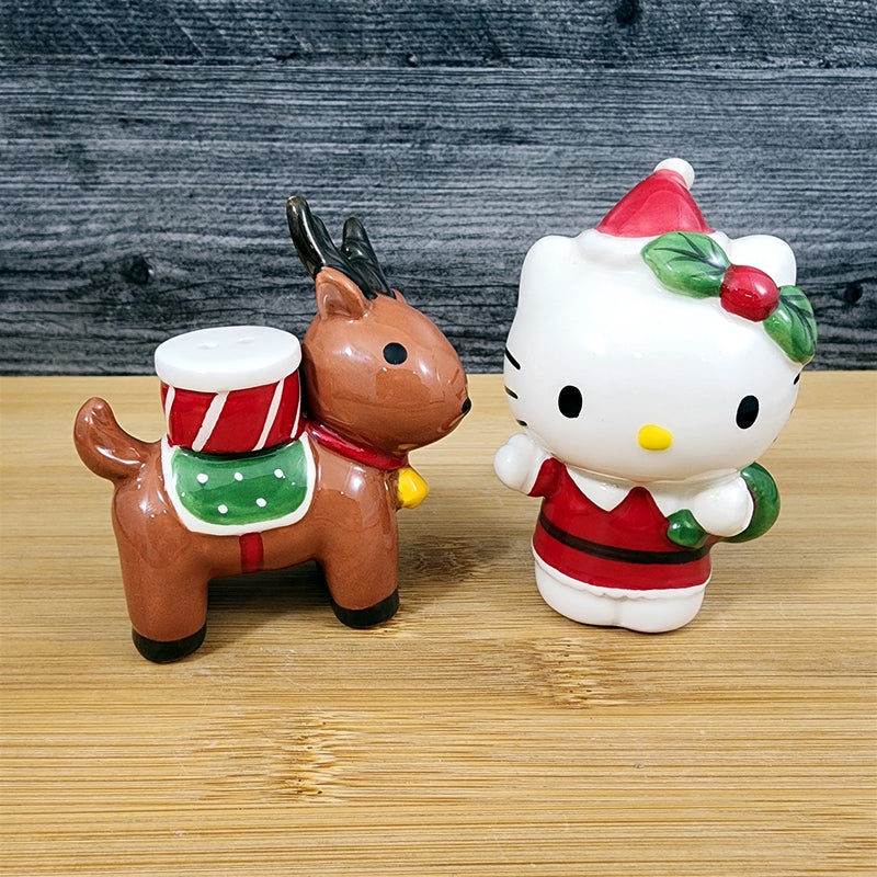 Load image into Gallery viewer, Hello Kitty Salt Pepper Set Christmas Reindeer Collectible Ceramic Blue Sky
