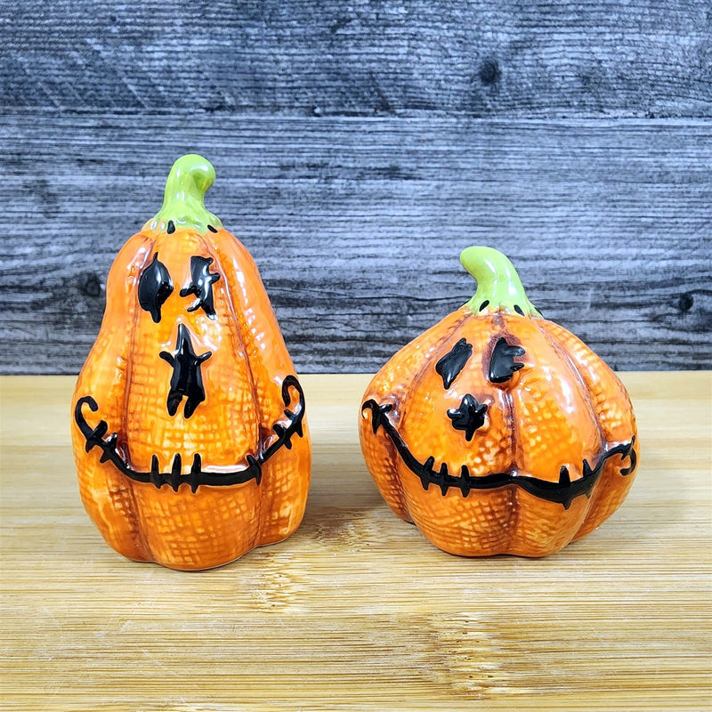Load image into Gallery viewer, Halloween Salt Pepper Set Stitched Pumpkin Jack-o-Lanterns Fall Ceramic Blue Sky