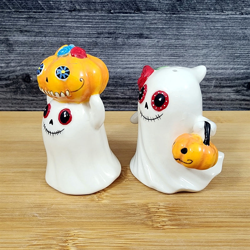 Load image into Gallery viewer, Halloween Salt Pepper Set Ghost Pumpkins Trick or Treat Costume Ceramic Blue Sky