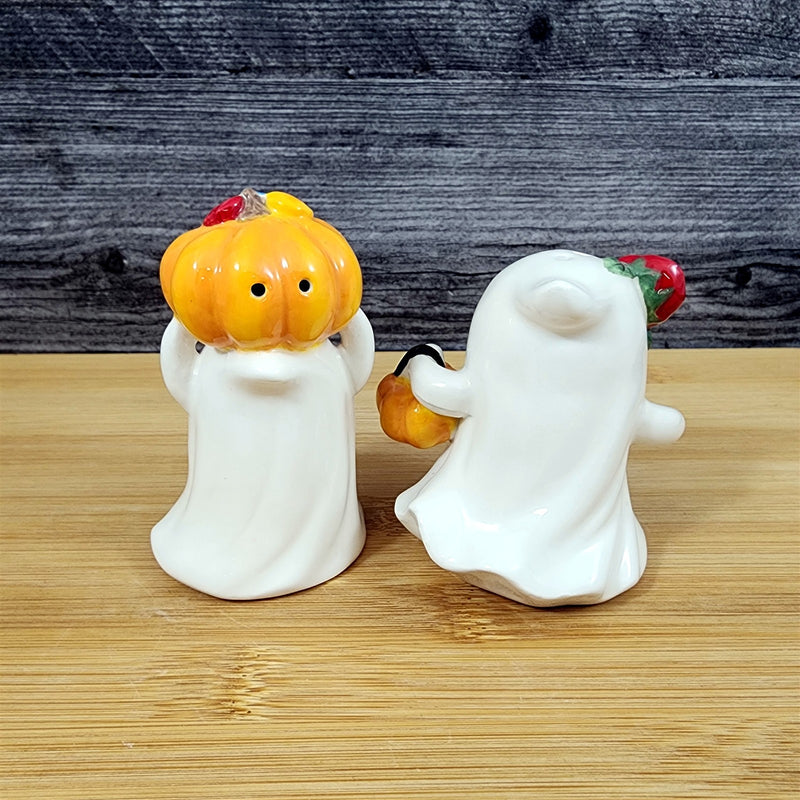 Load image into Gallery viewer, Halloween Salt Pepper Set Ghost Pumpkins Trick or Treat Costume Ceramic Blue Sky