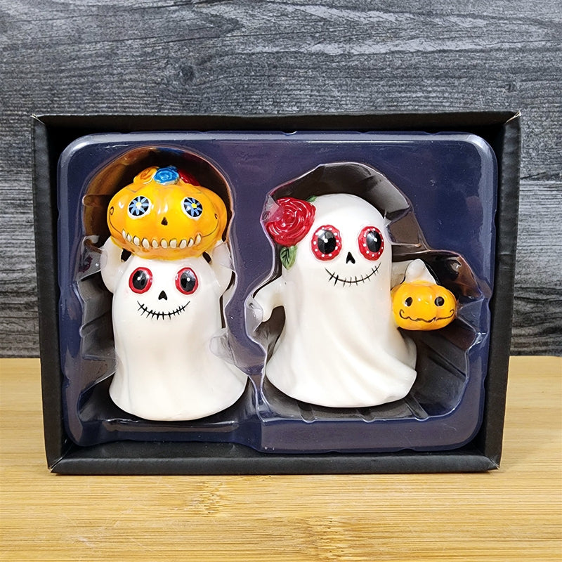 Load image into Gallery viewer, Halloween Salt Pepper Set Ghost Pumpkins Trick or Treat Costume Ceramic Blue Sky