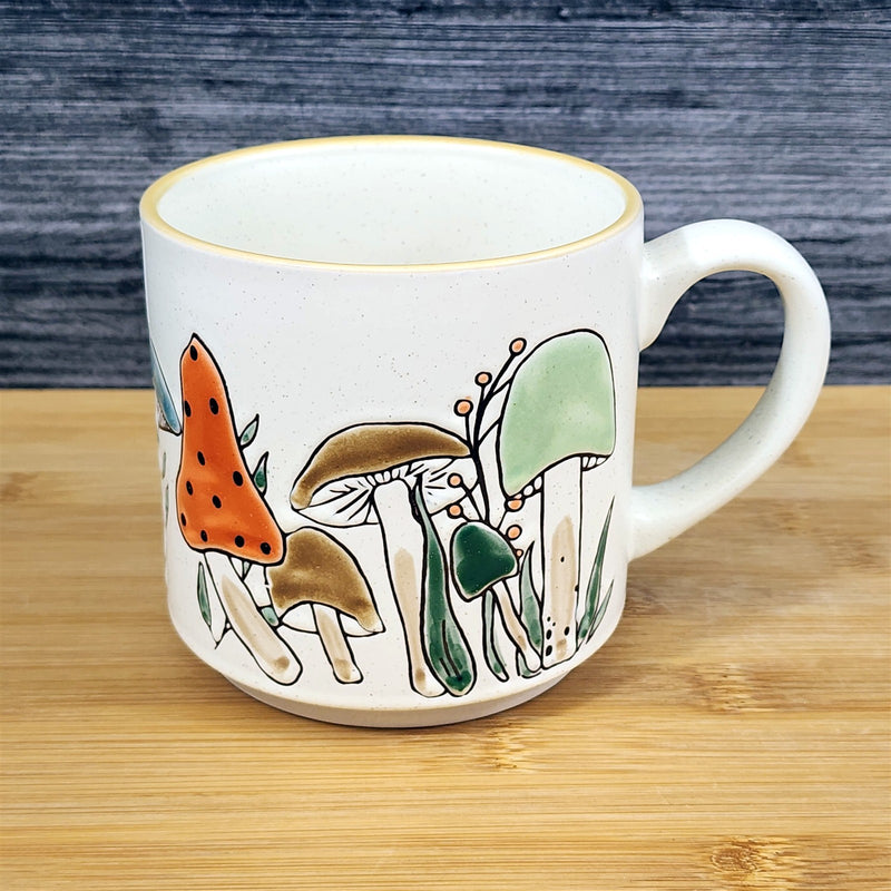 Load image into Gallery viewer, Mushroom Morel Coffee Mug Orange Green Botanical Ceramic Tea Cup Blue Sky 18oz