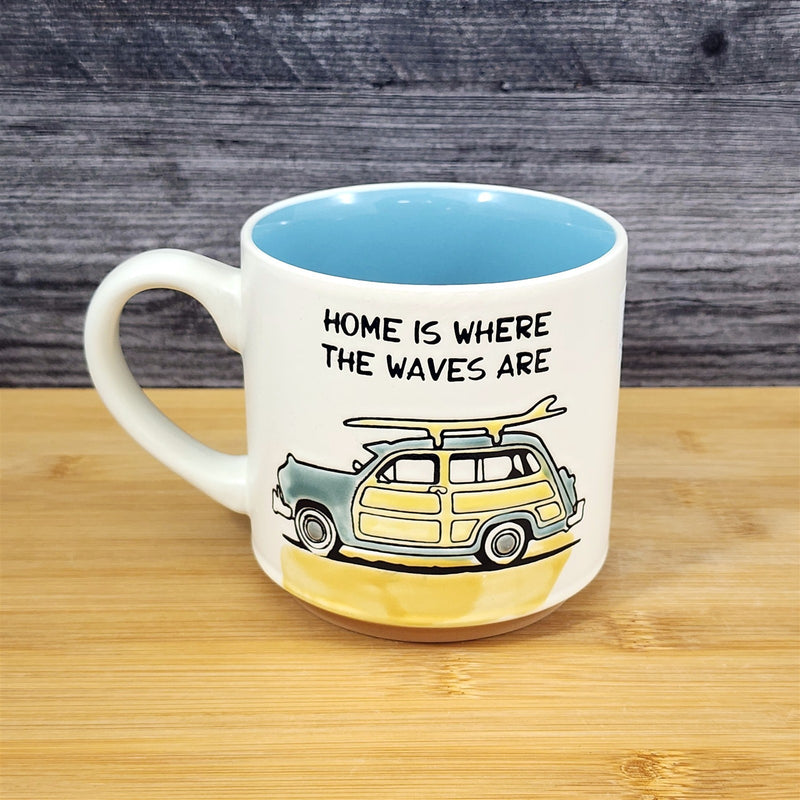 Load image into Gallery viewer, Retro Woodie Car Surfboard Coffee Mug Ceramic Ocean Lover Tea Cup Blue Sky 18oz