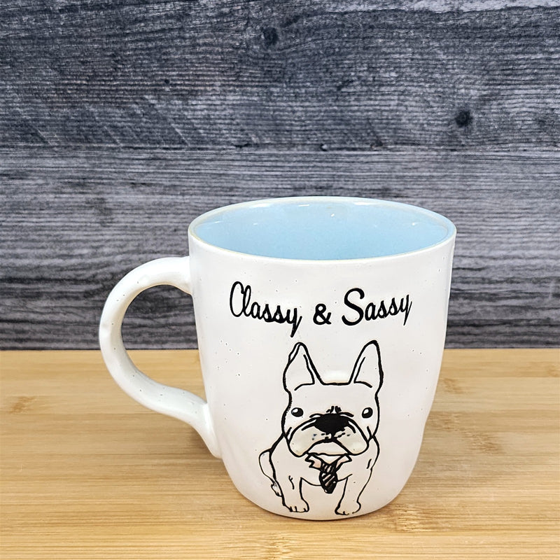 Load image into Gallery viewer, French Bulldog Coffee Cup Classy Sassy Dog Mug Blue Sky Ceramic Embossed 16 oz