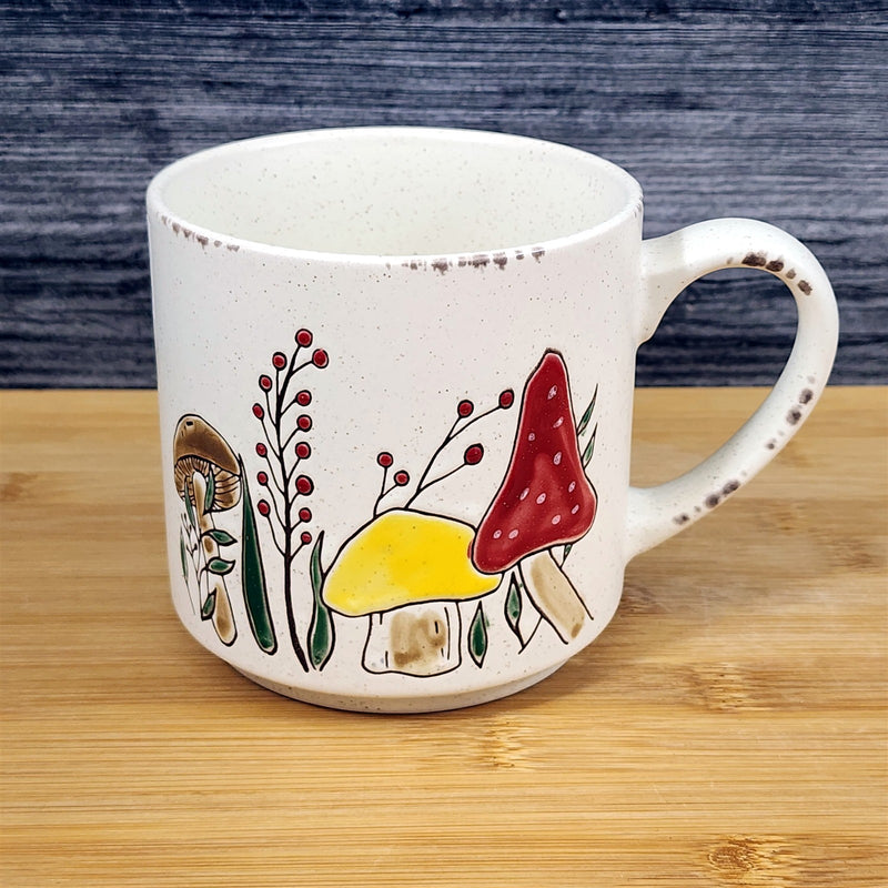 Load image into Gallery viewer, Botanical Mushroom Coffee Mug Red Yellow Ceramic Embossed 18oz Tea Cup Blue Sky