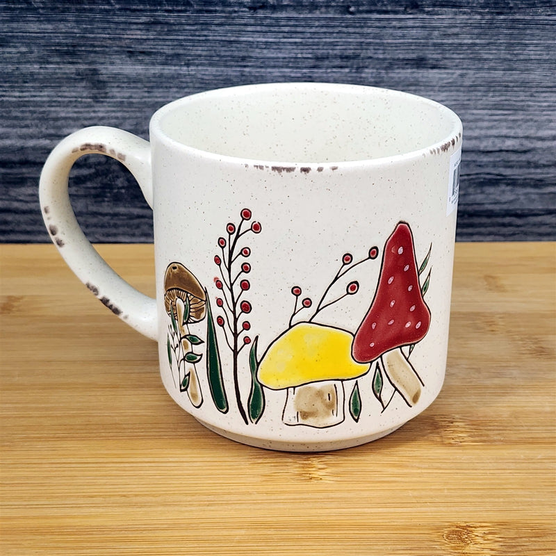 Load image into Gallery viewer, Botanical Mushroom Coffee Mug Red Yellow Ceramic Embossed 18oz Tea Cup Blue Sky
