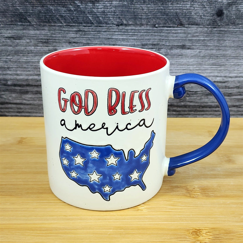 Load image into Gallery viewer, Red White Blue America Mug “God Bless” Ceramic Coffee Cup Blue Sky 21oz Patriot
