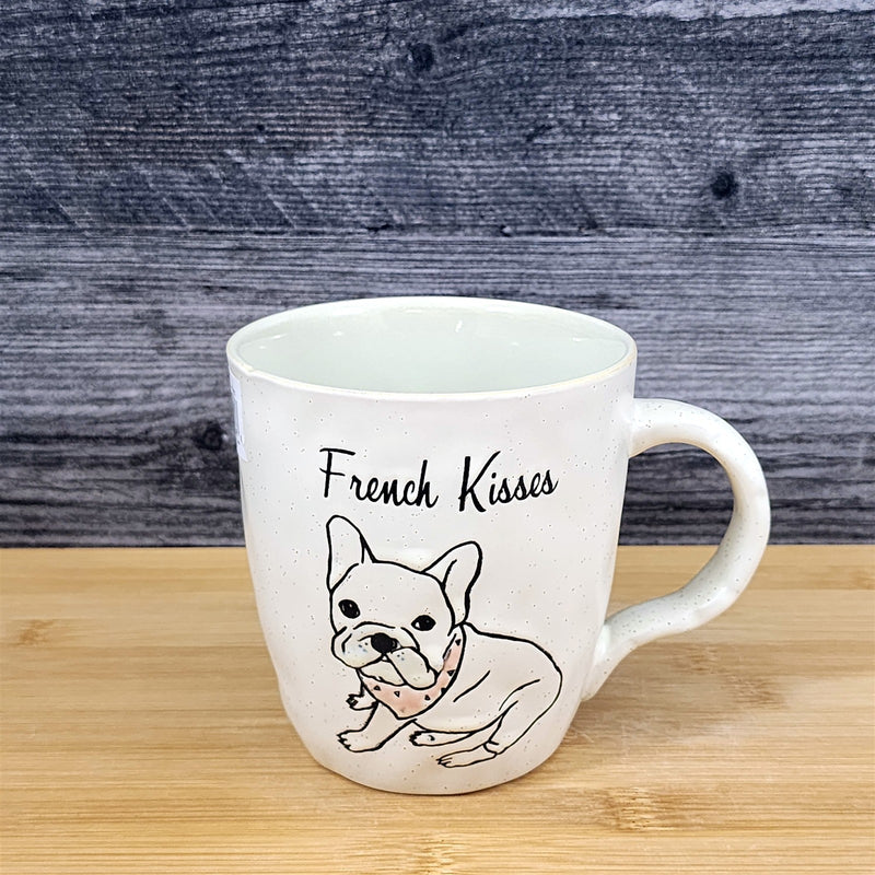 Load image into Gallery viewer, French Kisses Bulldog Coffee Cup Dog Mug Blue Sky Ceramic Embossed 16 oz