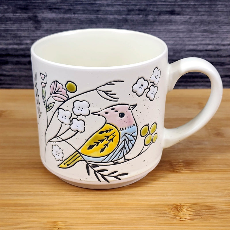 Load image into Gallery viewer, Botanical Bird Coffee Mug Pastel Yellow & Pink Ceramic Tea Cup Floral Blue Sky