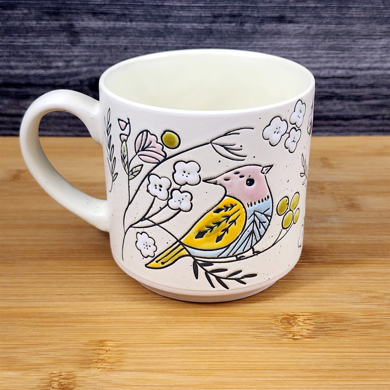 Load image into Gallery viewer, Botanical Bird Coffee Mug Pastel Yellow & Pink Ceramic Tea Cup Floral Blue Sky