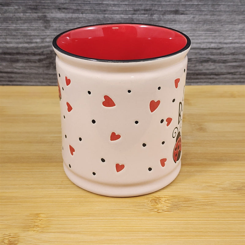 Load image into Gallery viewer, Whimsical Love Mug Ladybug Hearts Embossed Red Ceramic Tea Coffee Cup Blue Sky