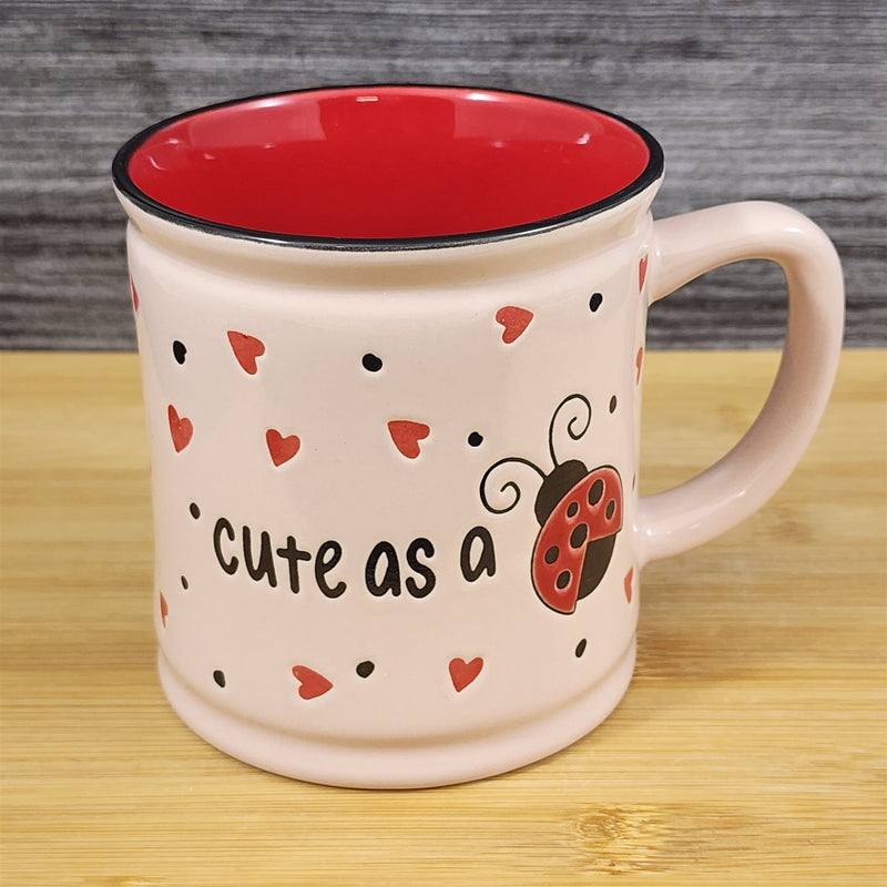 Load image into Gallery viewer, Ladybug Hearts Whimsical Love Mug Embossed Red Ceramic Tea Coffee Cup Blue Sky