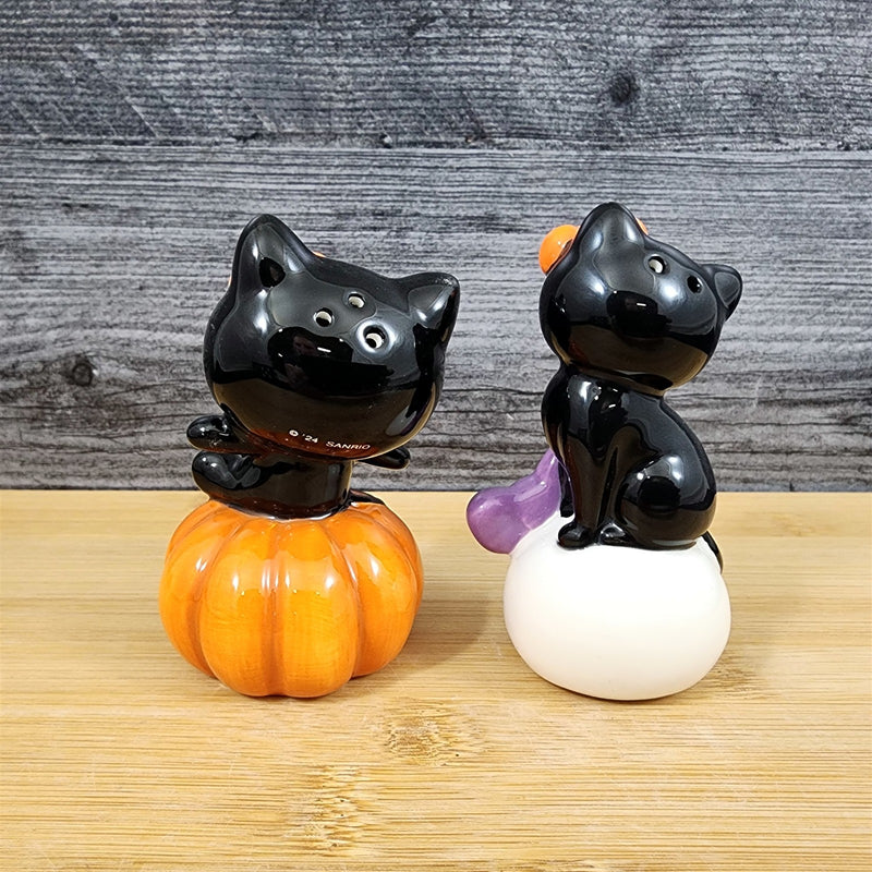 Load image into Gallery viewer, Hello Kitty Halloween Black Cat and Pumpkin Salt Pepper Set Ceramic Blue Sky