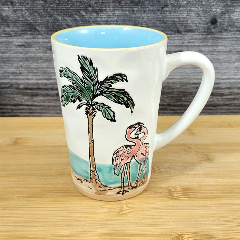 Load image into Gallery viewer, Flamingo with Palm Tree Coffee Mug Ceramic Beach Tropical Ocean Cup Blue Sky