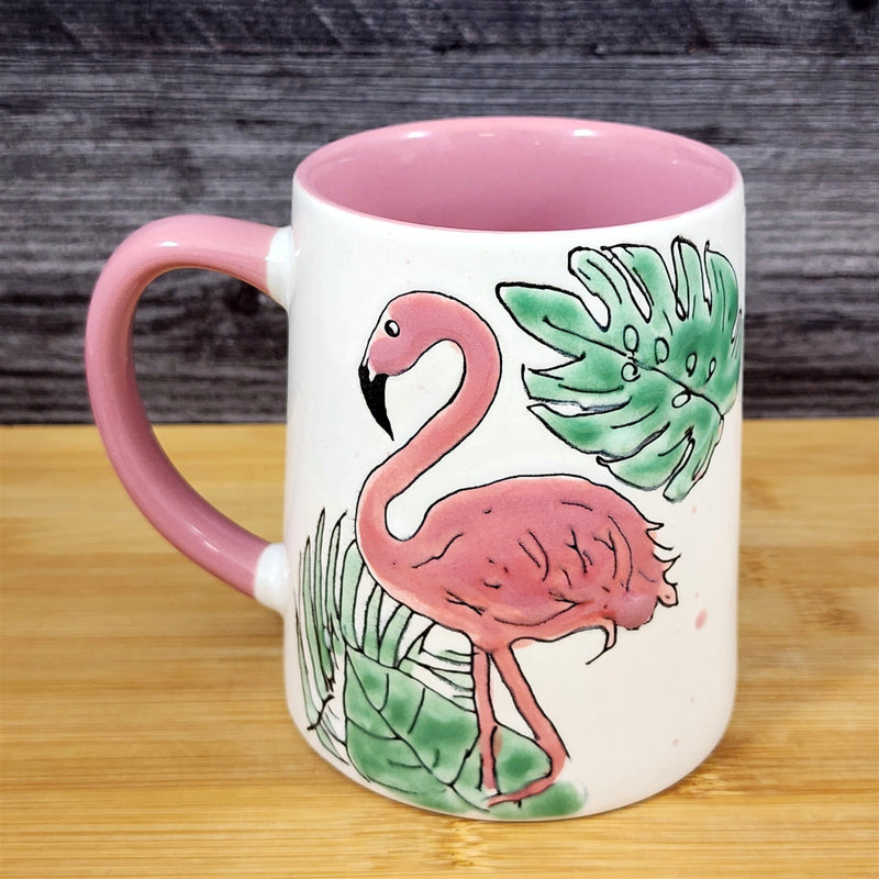 Load image into Gallery viewer, Flamingo & Palm Leaves Coffee Mug Ceramic Beach Tropical Pink Tea Cup Blue Sky