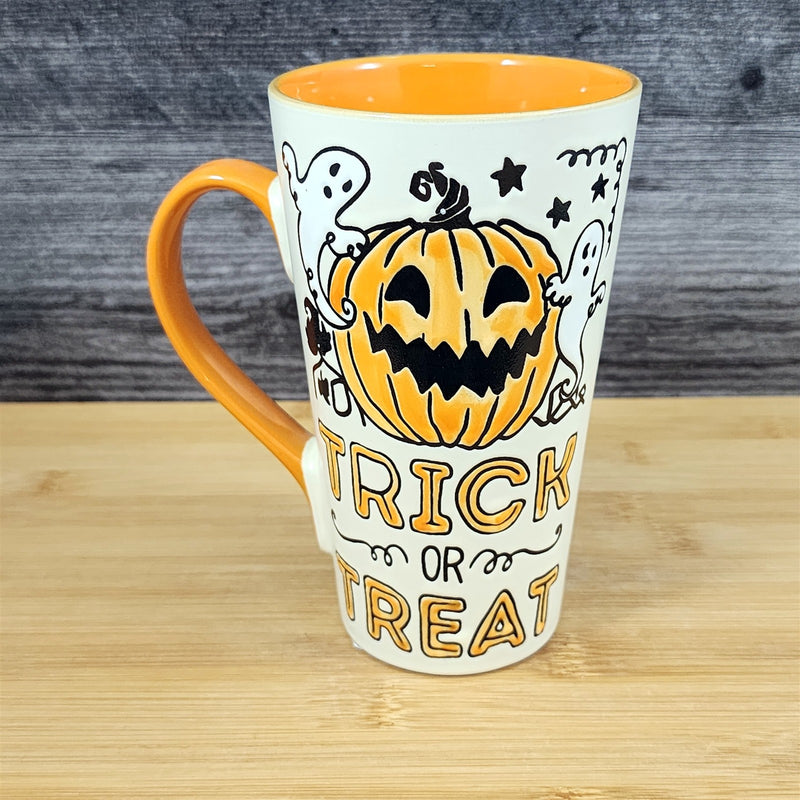 Load image into Gallery viewer, Halloween Coffee Mug Orange Black Trick or Treat Jack-o-Lantern Tea Cup Blue Sky