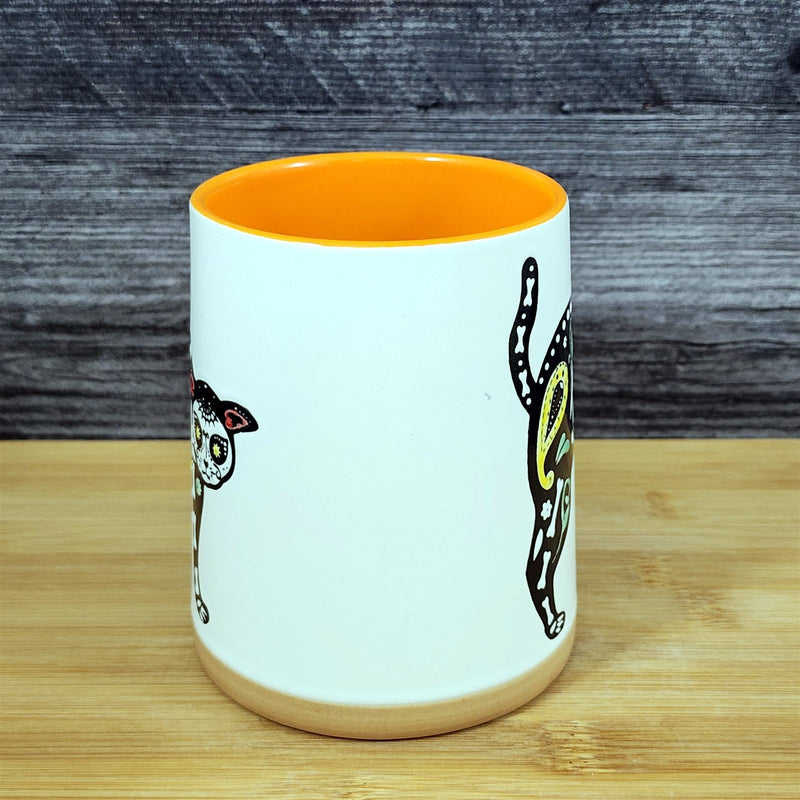 Load image into Gallery viewer, Halloween Day of the Dead Whimsical Cat Coffee Mug Orange Ceramic Cup Blue Sky