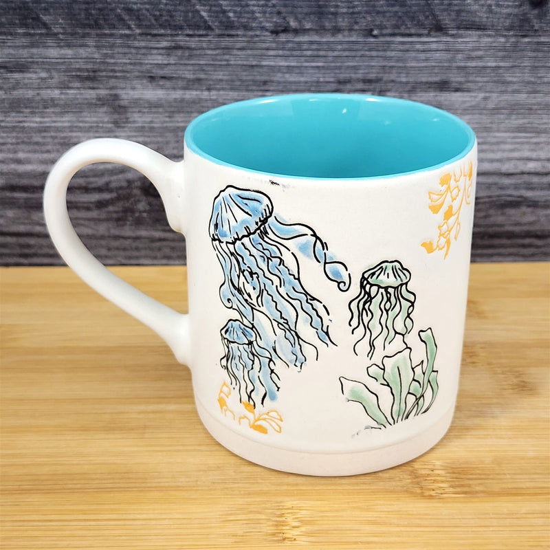 Load image into Gallery viewer, Whimsical Jellyfish Coffee Mug Marine Ocean Coral Life Cup Blue Sky Ceramic 18oz