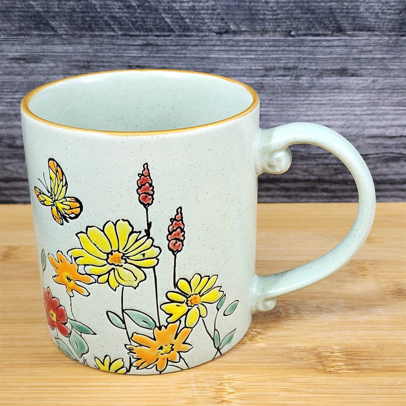 Load image into Gallery viewer, Country Garden Mug Butterfly and Yellow Flowers Nature Green Tea Cup Blue Sky
