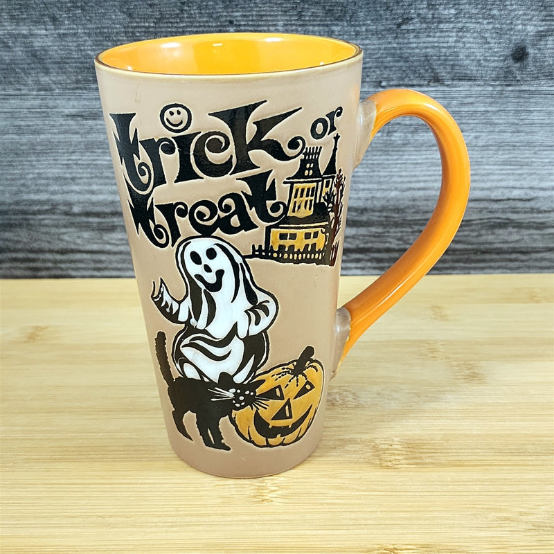 Load image into Gallery viewer, Halloween Coffee Mug Orange Black Trick or Treat Ghosts Tea Cup 17oz Blue Sky