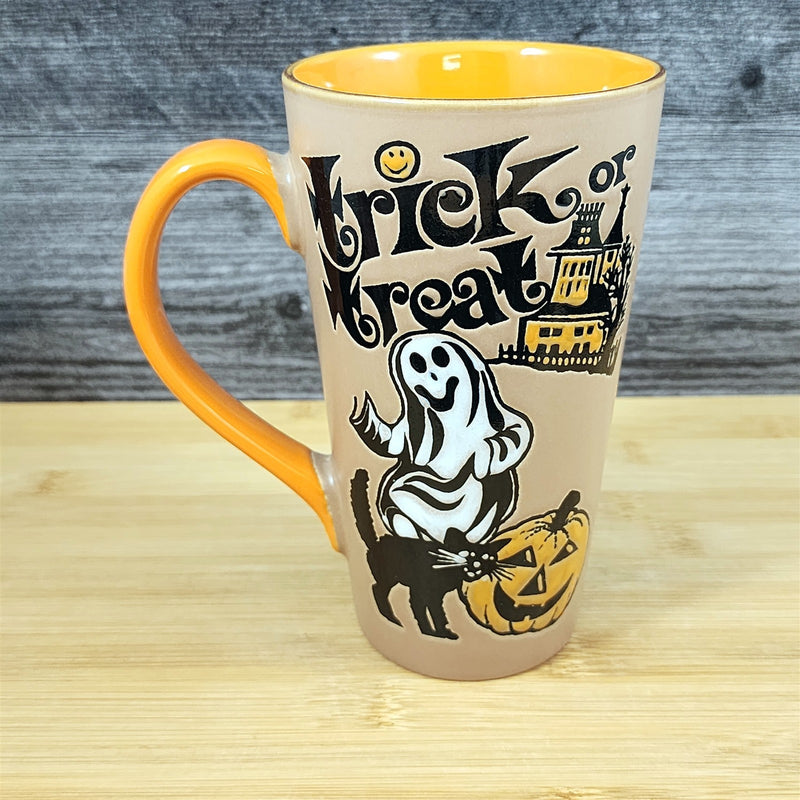Load image into Gallery viewer, Halloween Coffee Mug Orange Black Trick or Treat Ghosts Tea Cup 17oz Blue Sky