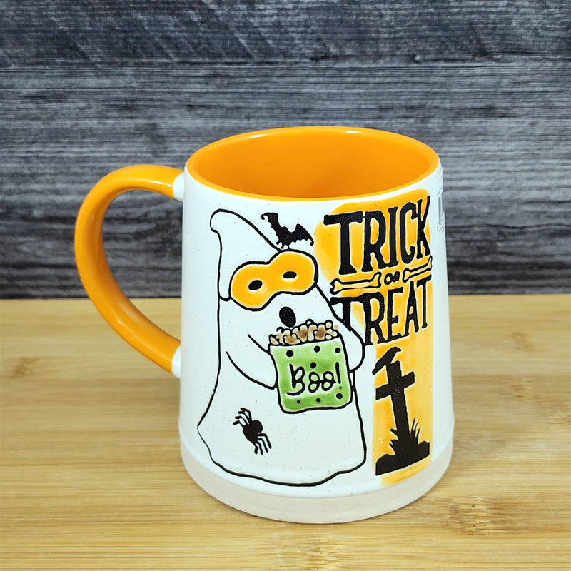 Load image into Gallery viewer, Halloween Coffee Mug Orange Black Trick or Treat Ghost Costume Tea Cup Blue Sky