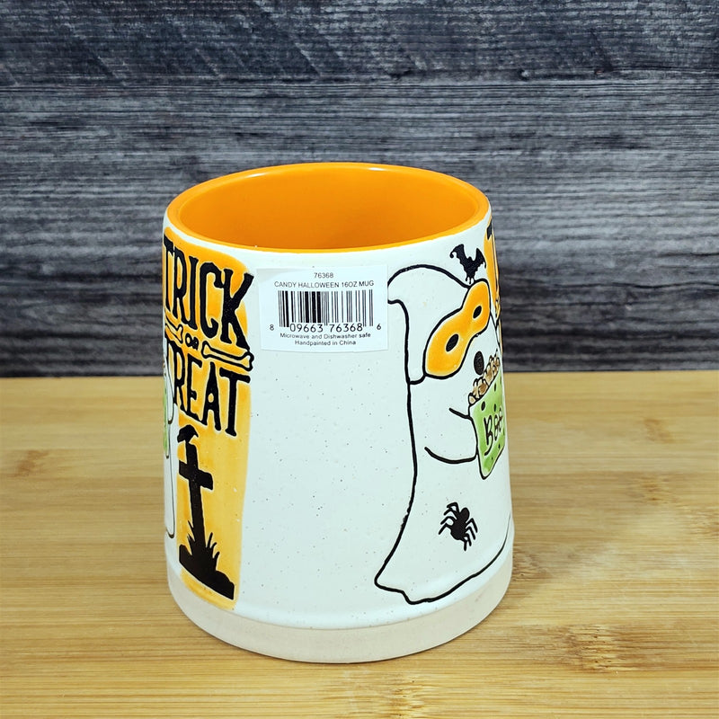 Load image into Gallery viewer, Halloween Coffee Mug Orange Black Trick or Treat Ghost Costume Tea Cup Blue Sky