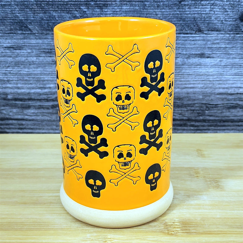 Load image into Gallery viewer, Halloween Skull and Bones Coffee Mug Orange Black Tea Cup 20oz Ceramic Blue Sky