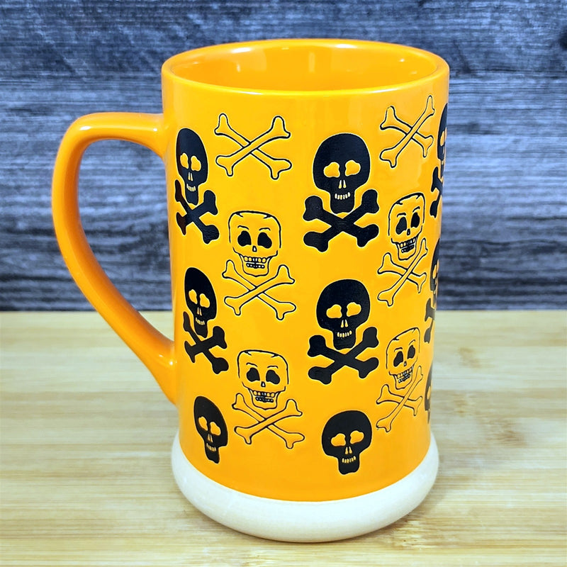Load image into Gallery viewer, Halloween Skull and Bones Coffee Mug Orange Black Tea Cup 20oz Ceramic Blue Sky
