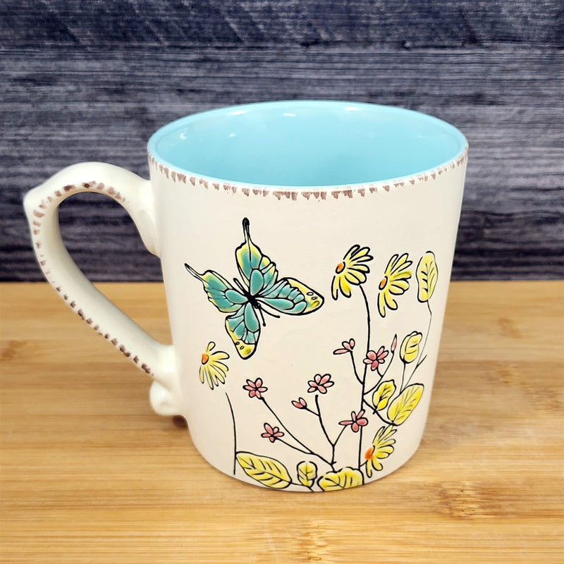 Load image into Gallery viewer, Garden Flowers & Butterfly Coffee Mug Cottagecore White Ceramic Tea Cup Blue Sky