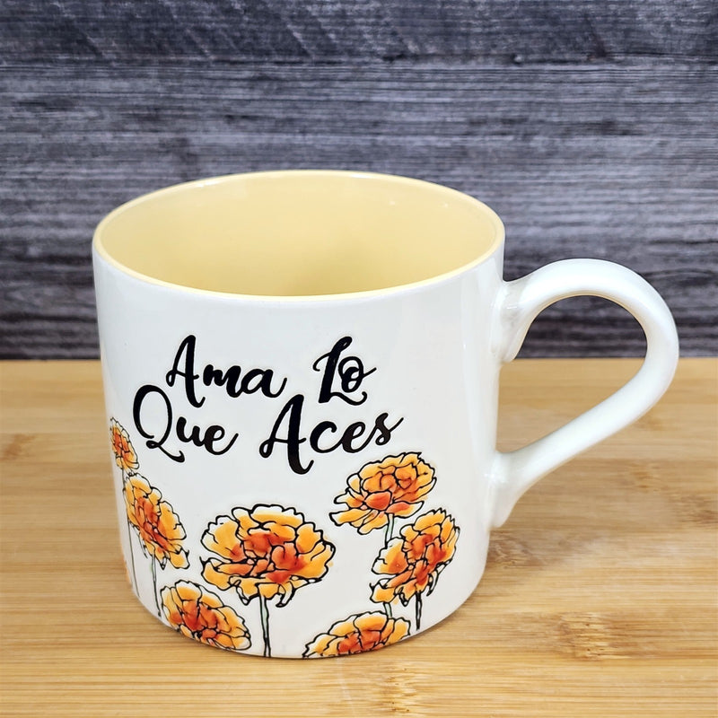 Load image into Gallery viewer, Spanish Ama Lo Que Aces Coffee Mug "Love What You Love" Flower Art Cup Blue Sky