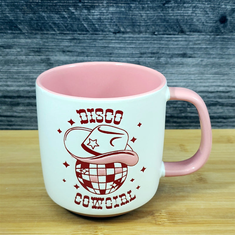 Load image into Gallery viewer, Country Western Coffee Mug Pink Disco Cowgirl Ceramic Tea Cup Blue Sky 18oz