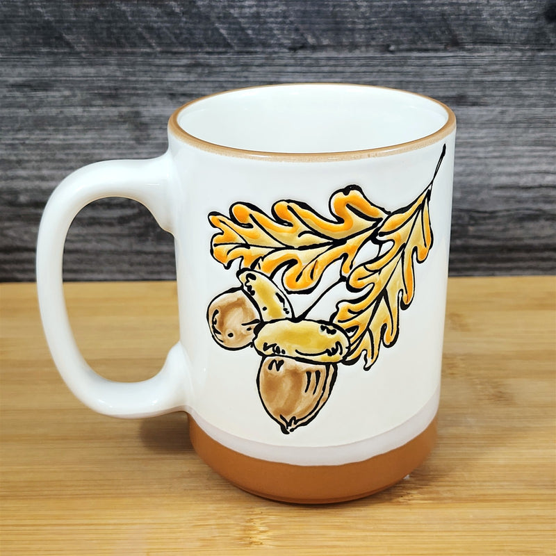 Load image into Gallery viewer, Acorn Harvest Coffee Mug Ceramic Oak Tree Leaves Tea Cup 18 oz Embossed Blue Sky