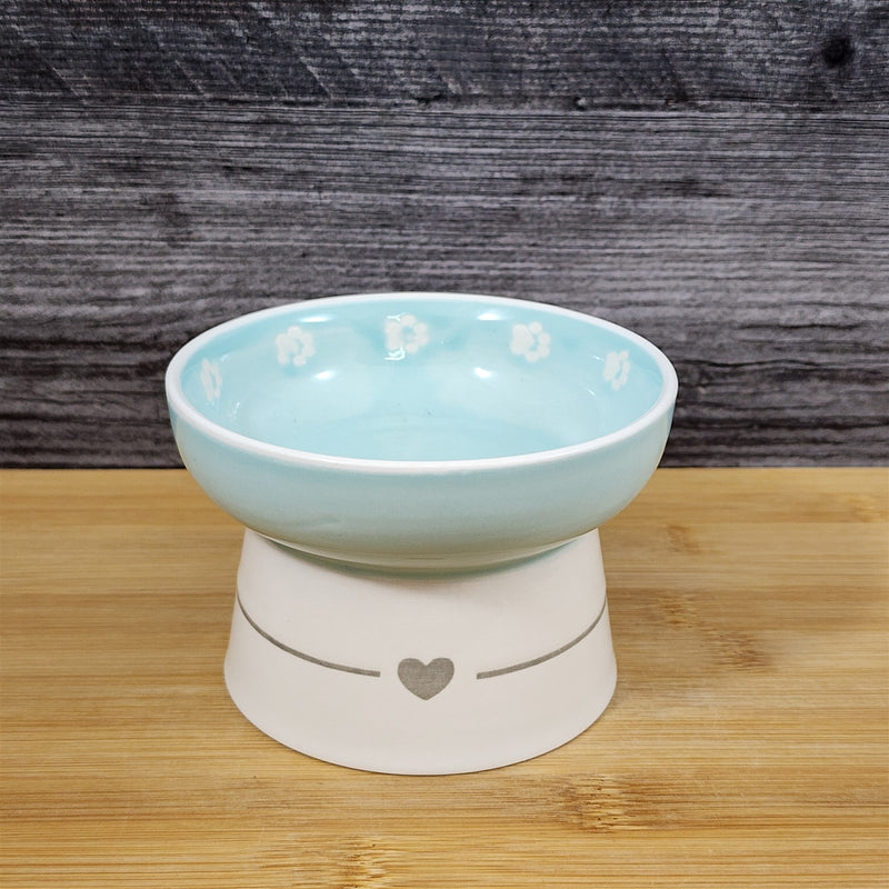 Load image into Gallery viewer, Heart Ring Raised Cat Bowl Elevated Pedestal Food Water Dish Ceramic Blue Sky