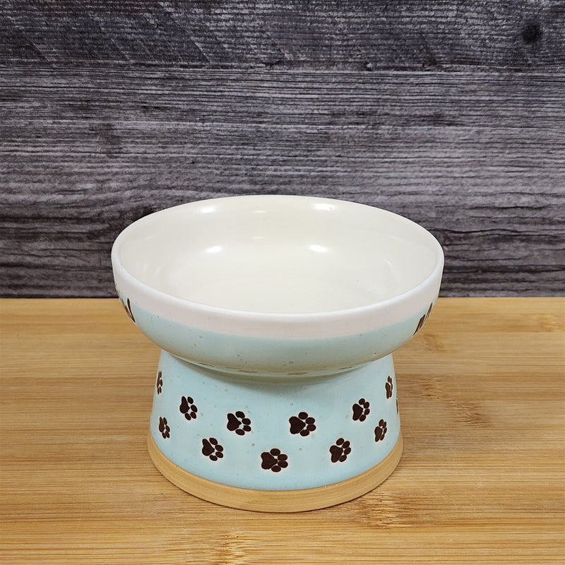 Load image into Gallery viewer, Raised Cat Bowl Elevated Pedestal Food Water Dish Green White Ceramic Blue Sky