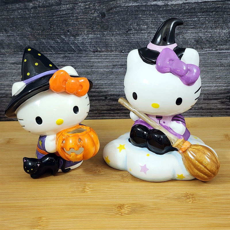 Load image into Gallery viewer, Hello Kitty Halloween Witch Figurine Décor Set Pumpkin Broom Ceramic Blue Sky