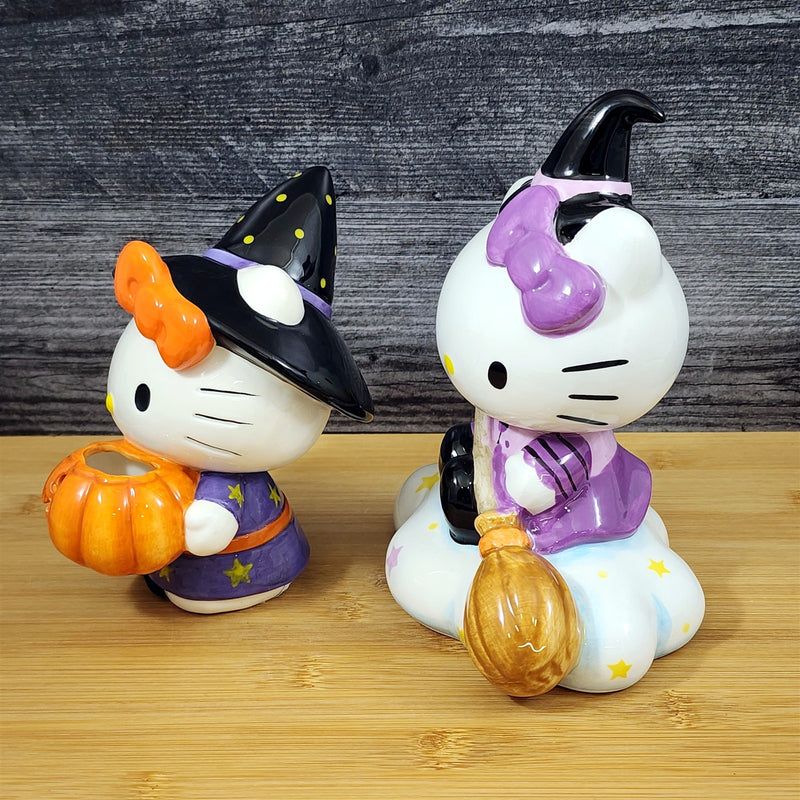 Load image into Gallery viewer, Hello Kitty Halloween Witch Figurine Décor Set Pumpkin Broom Ceramic Blue Sky