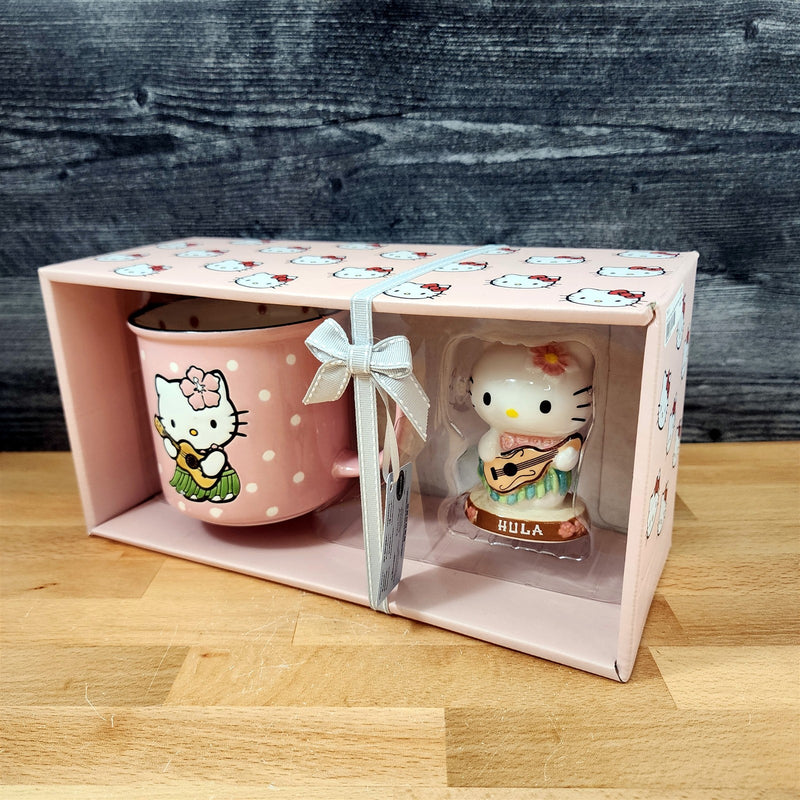 Load image into Gallery viewer, Hello Kitty Hula Figurine & Mug Set Coffee Tea Cup Blue Sky Ceramic Embossed