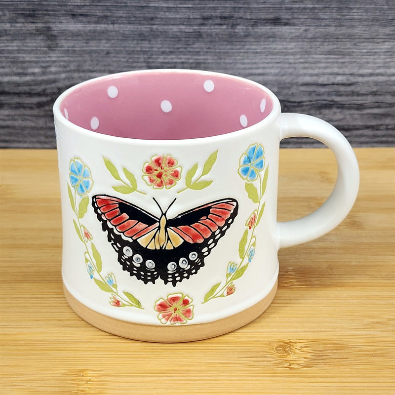 Load image into Gallery viewer, Flower Butterfly Coffee Mug Embossed Pink Ceramic Tea Cup Blue Sky 17oz