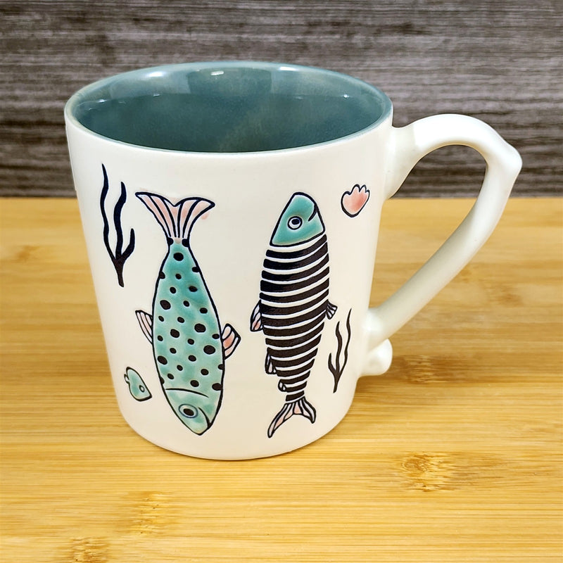 Load image into Gallery viewer, Whimsical Fish Coffee Mug Sea Creatures Ceramic Embossed 18oz Tea Cup Blue Sky