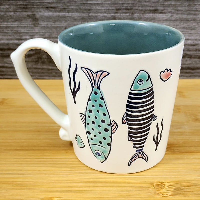 Load image into Gallery viewer, Whimsical Fish Coffee Mug Sea Creatures Ceramic Embossed 18oz Tea Cup Blue Sky