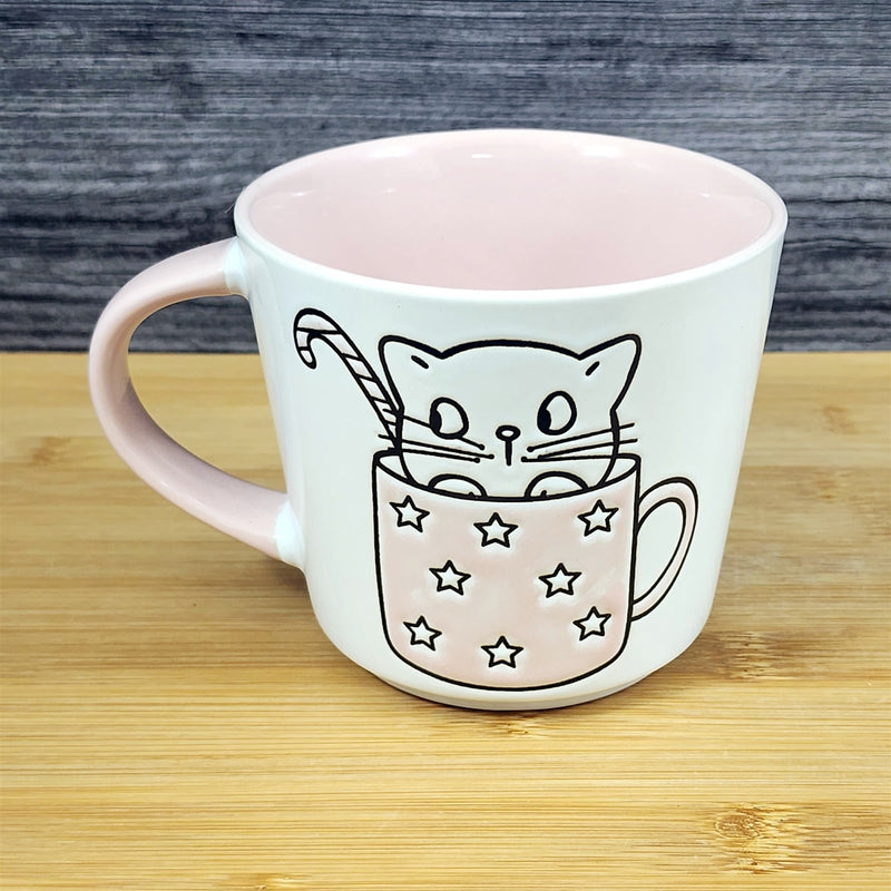 Load image into Gallery viewer, Pink Cat Lover Coffee Mug Embossed Ceramic Tea Cup Blue Sky “Love You" inside